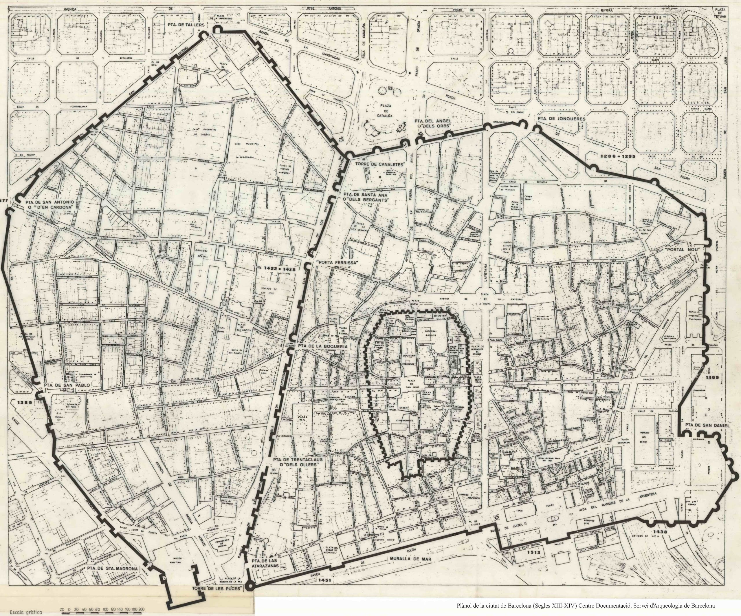 Plànol De La Ciutat De Barcelona Amb El Traçat De L'antiga Muralla Medieval (segles Xiii Xiv) Centre Documentació, Servei D'arqueologia De Barcelona, Icub